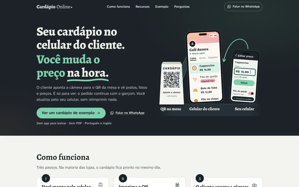 Landing do Cardápio Online com o fluxo QR na mesa, celular do cliente e celular do dono